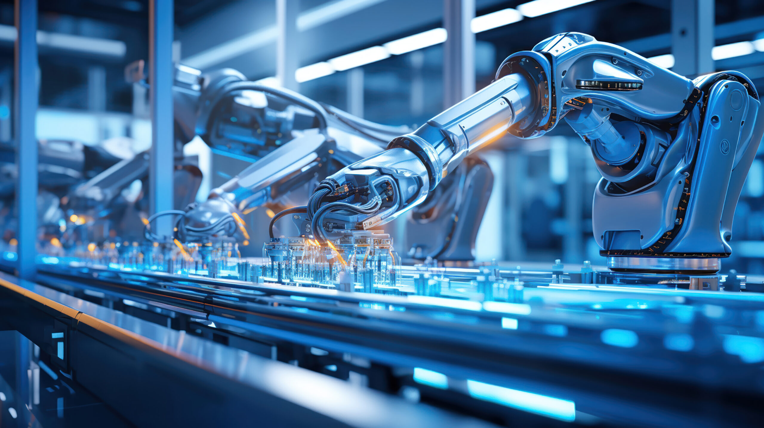 High-tech robot arms in an automated manufacturing plant. High-tech robot arms in an automated manufacturing plant.